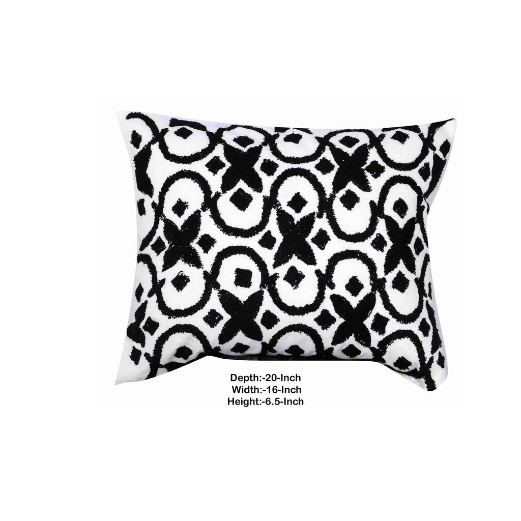 20 x 16 Inch Cotton Pillow with Geometric Embroidery, White and Black - View 5