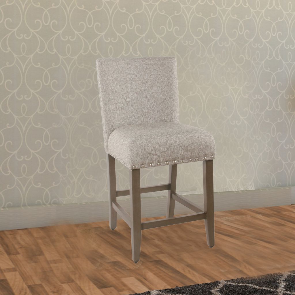 Fabric Upholstered Wooden Counter Stool with Striking Nail head Trims, Gray and Brown - View 7