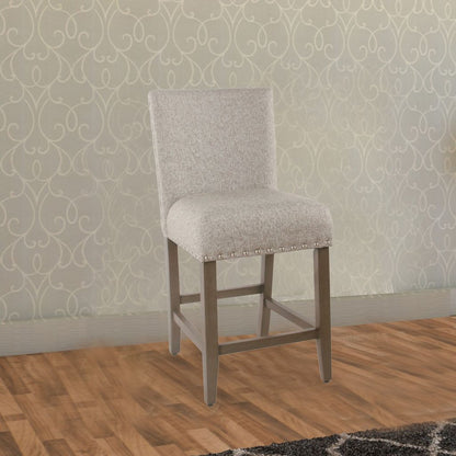 Fabric Upholstered Wooden Counter Stool with Striking Nail head Trims, Gray and Brown - View 7