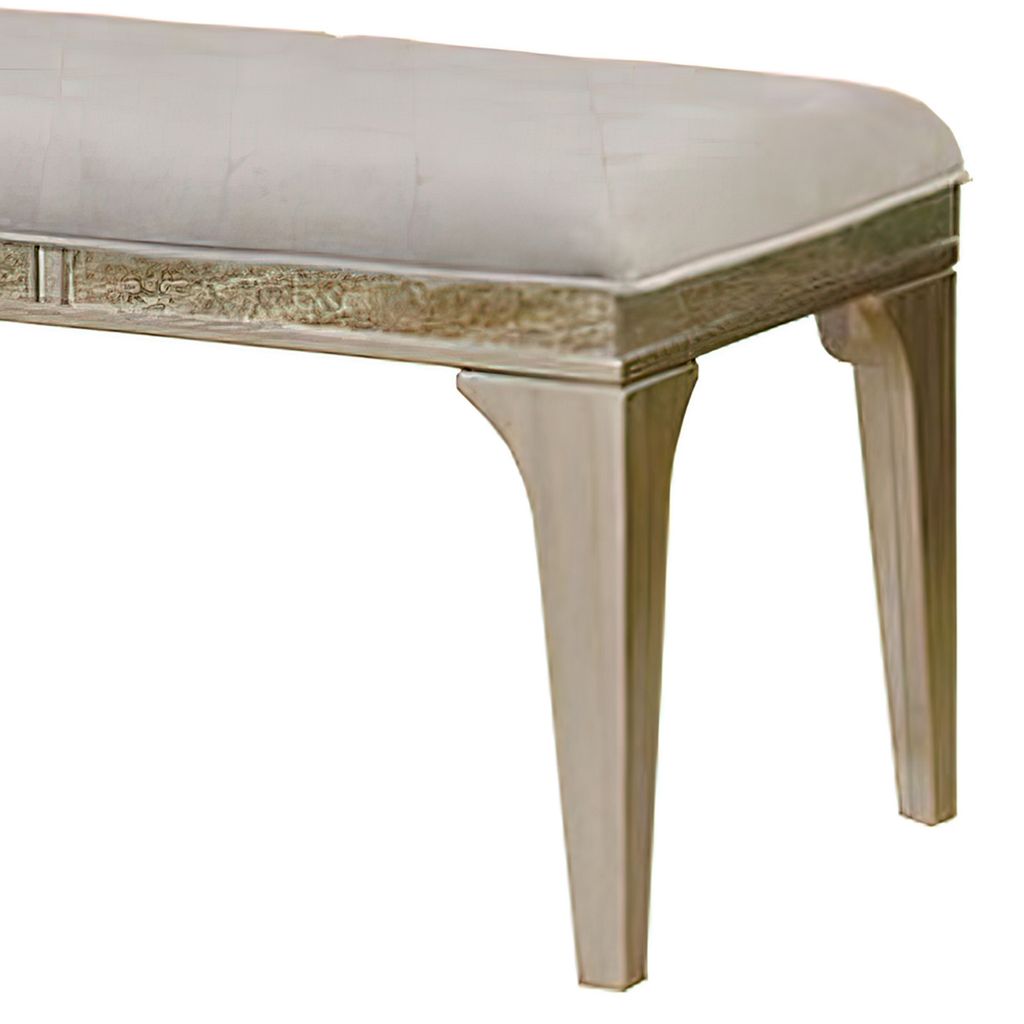 51 Inch Wood Bench, Cushioned Seat, Tapered Legs Support, Gray, Champagne Silver - View 5