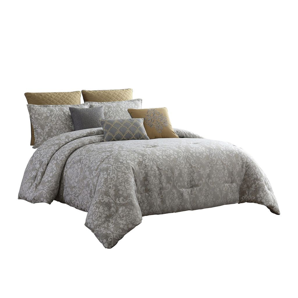 9 Piece King Polyester Comforter Set with Medallion Print, Gray and Gold