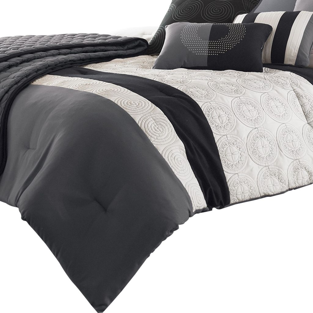 7 Piece Queen Cotton Comforter Set with Geometric Print, Gray and Black - View 2