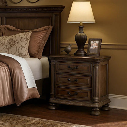 Wooden Nightstand with 3 Drawers and Intricate Carving Details, Brown - View 7