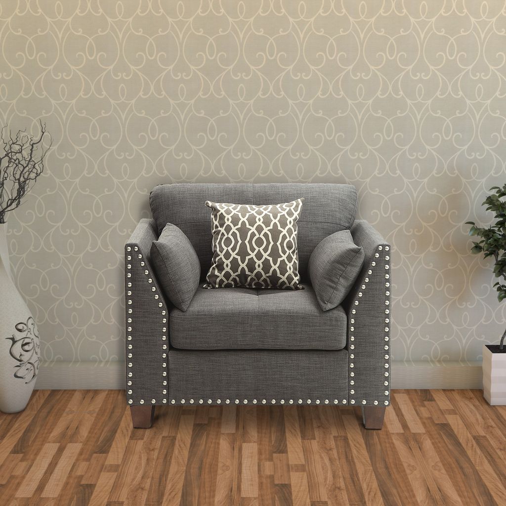 34 Inch Wide Nailhead Fabric Upholstered Accent Chair, Gray - View 7