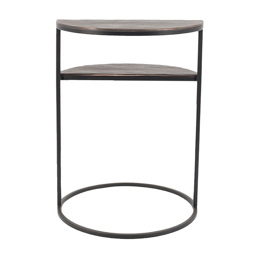 22 Inch Modern Metal Round Accent Table, 2 Half Circle Shelves, Wood, Brown - View 3