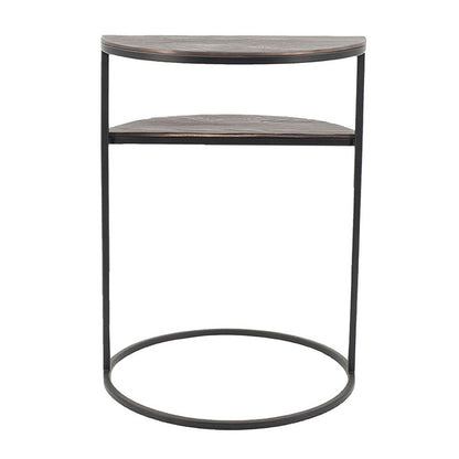 22 Inch Modern Metal Round Accent Table, 2 Half Circle Shelves, Wood, Brown - View 3