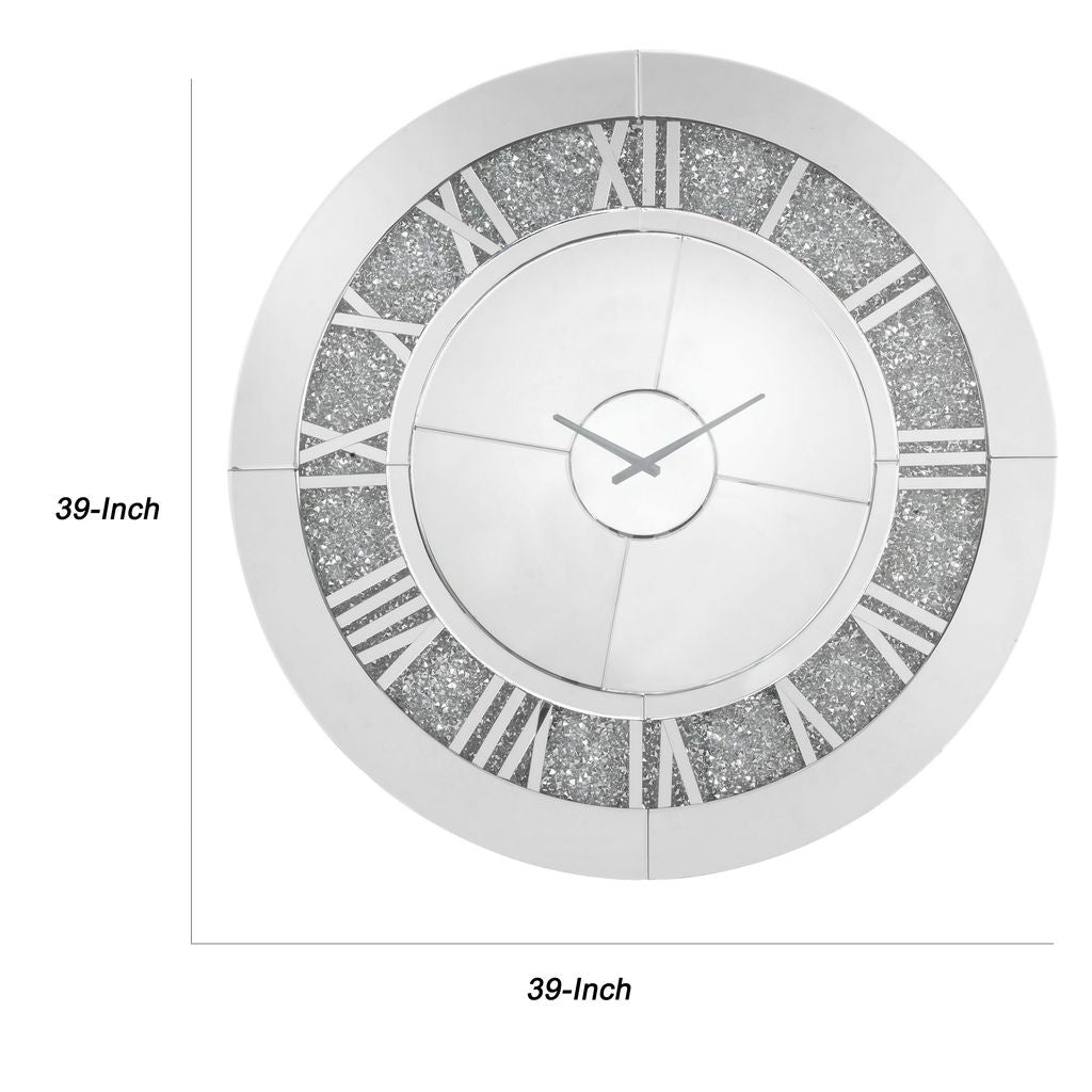 Round Beveled Mirror Frame Wall Clock with Faux diamond Inlay, Silver - View 6