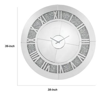 Round Beveled Mirror Frame Wall Clock with Faux diamond Inlay, Silver - View 6