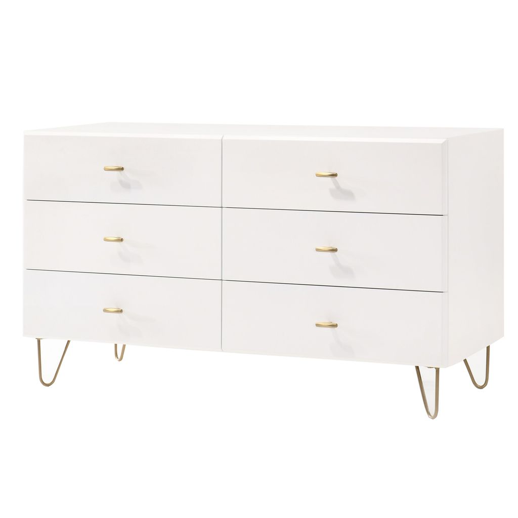 6 Drawer Wooden Dresser with Metal Hairpin Legs, White and Gold