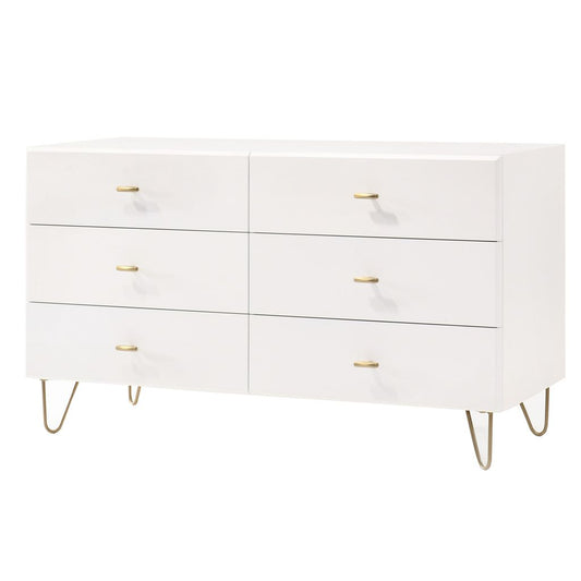 6 Drawer Wooden Dresser with Metal Hairpin Legs, White and Gold