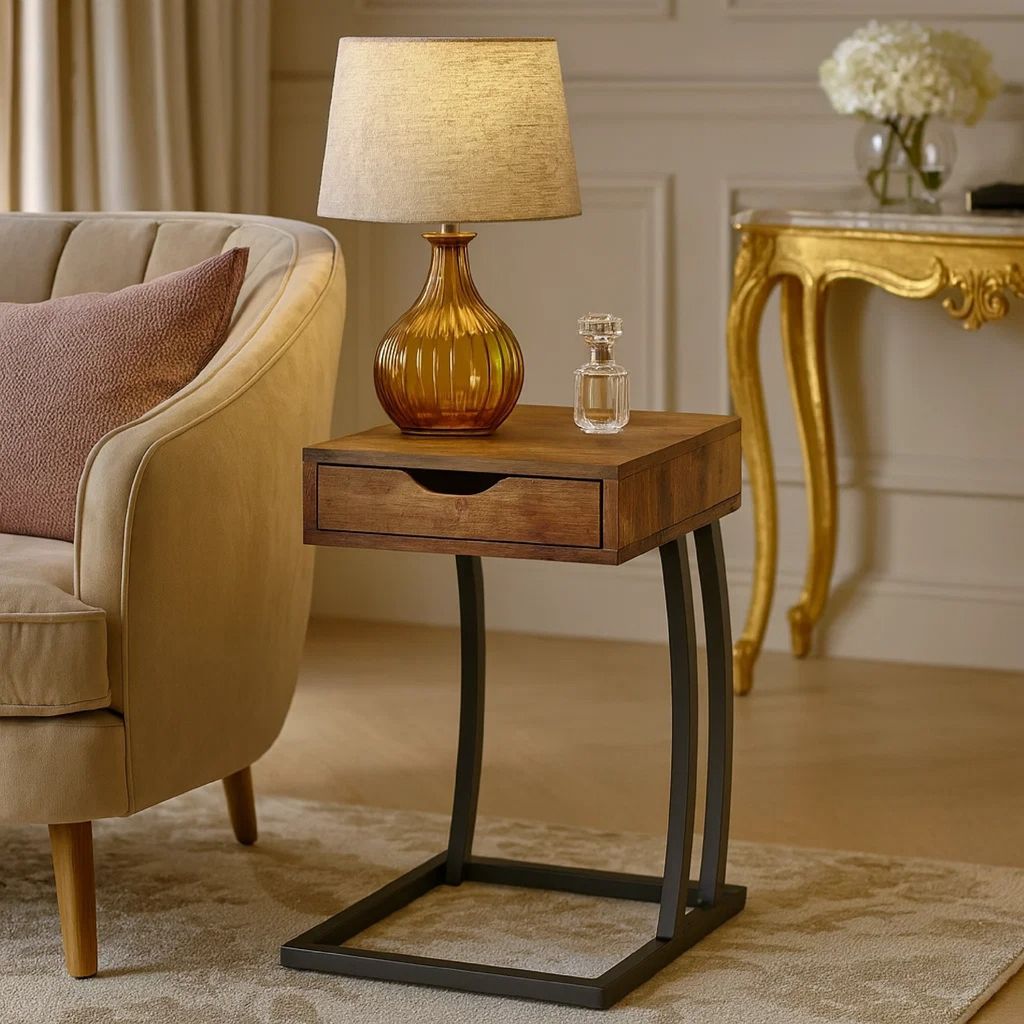 Antique Accent Table with Storage Drawer and Outlet, Brown - View 7