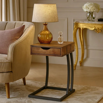 Antique Accent Table with Storage Drawer and Outlet, Brown - View 7