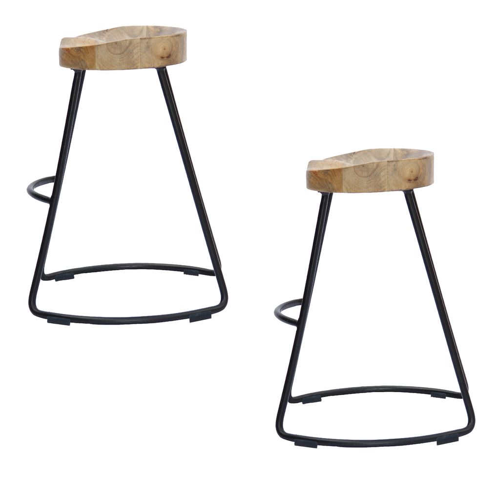Ela 24 Inch Mango Wood Industrial Counter Height Stool, Saddle Seat, Iron, Set of 2, Brown, Black - View 3