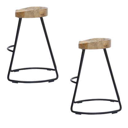 Ela 24 Inch Mango Wood Industrial Counter Height Stool, Saddle Seat, Iron, Set of 2, Brown, Black - View 3