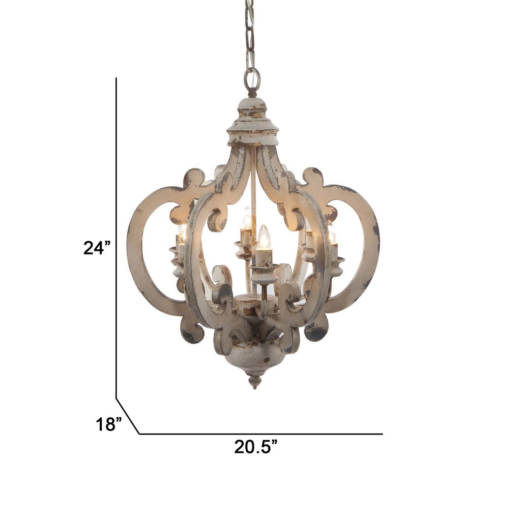 Aki 21 Inch 6 Light Chandelier, Carved Wood Frame, Classic, Vintage, White - View 5