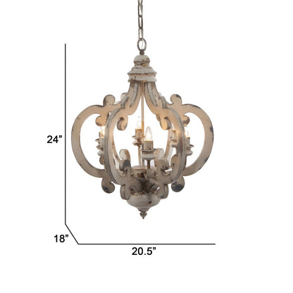 Aki 21 Inch 6 Light Chandelier, Carved Wood Frame, Classic, Vintage, White - View 5