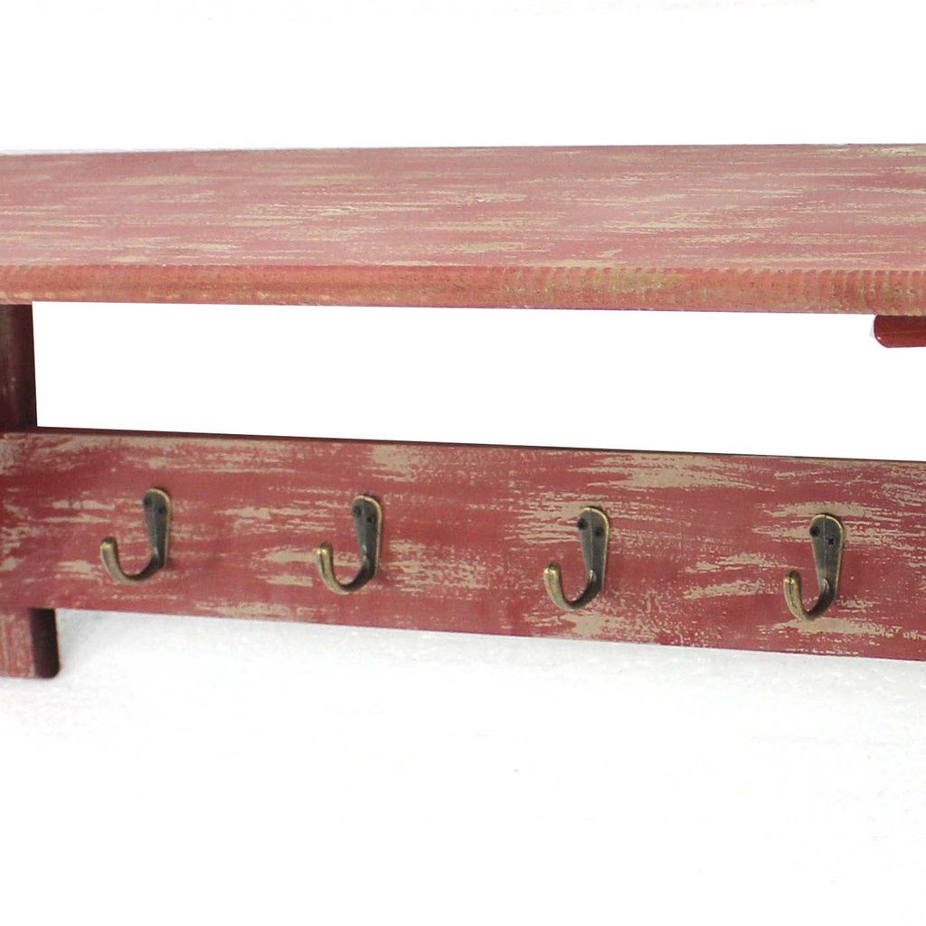 Wooden Wall Shelf Set of 2 with 4 Hooks and Carved Side Frames, Distressed Red - View 3