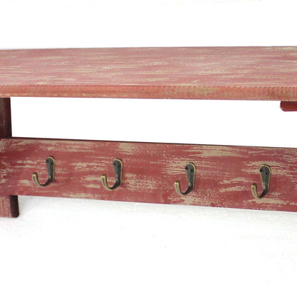 Wooden Wall Shelf Set of 2 with 4 Hooks and Carved Side Frames, Distressed Red - View 3