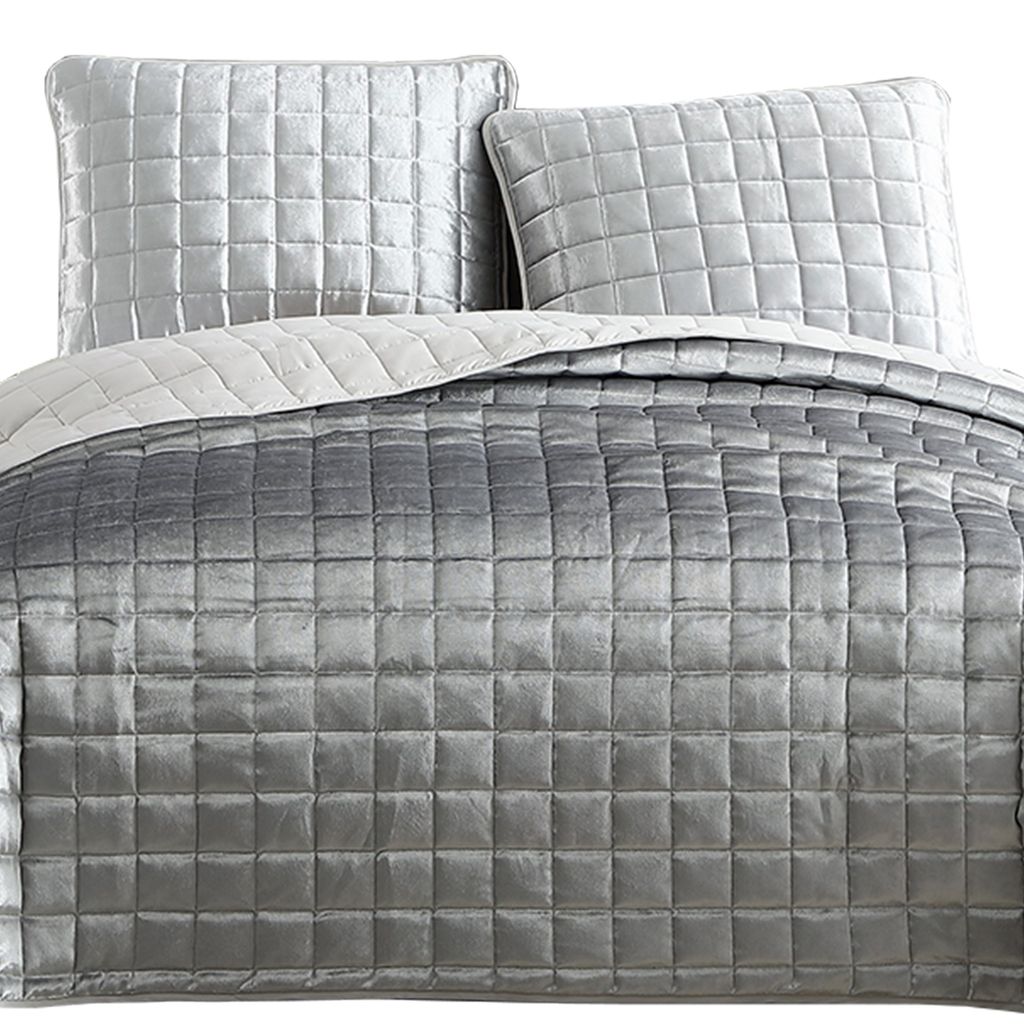 3 Piece King Size Coverlet Set with Stitched Square Pattern, Silver - View 2