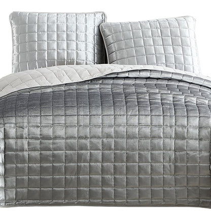 3 Piece King Size Coverlet Set with Stitched Square Pattern, Silver - View 2