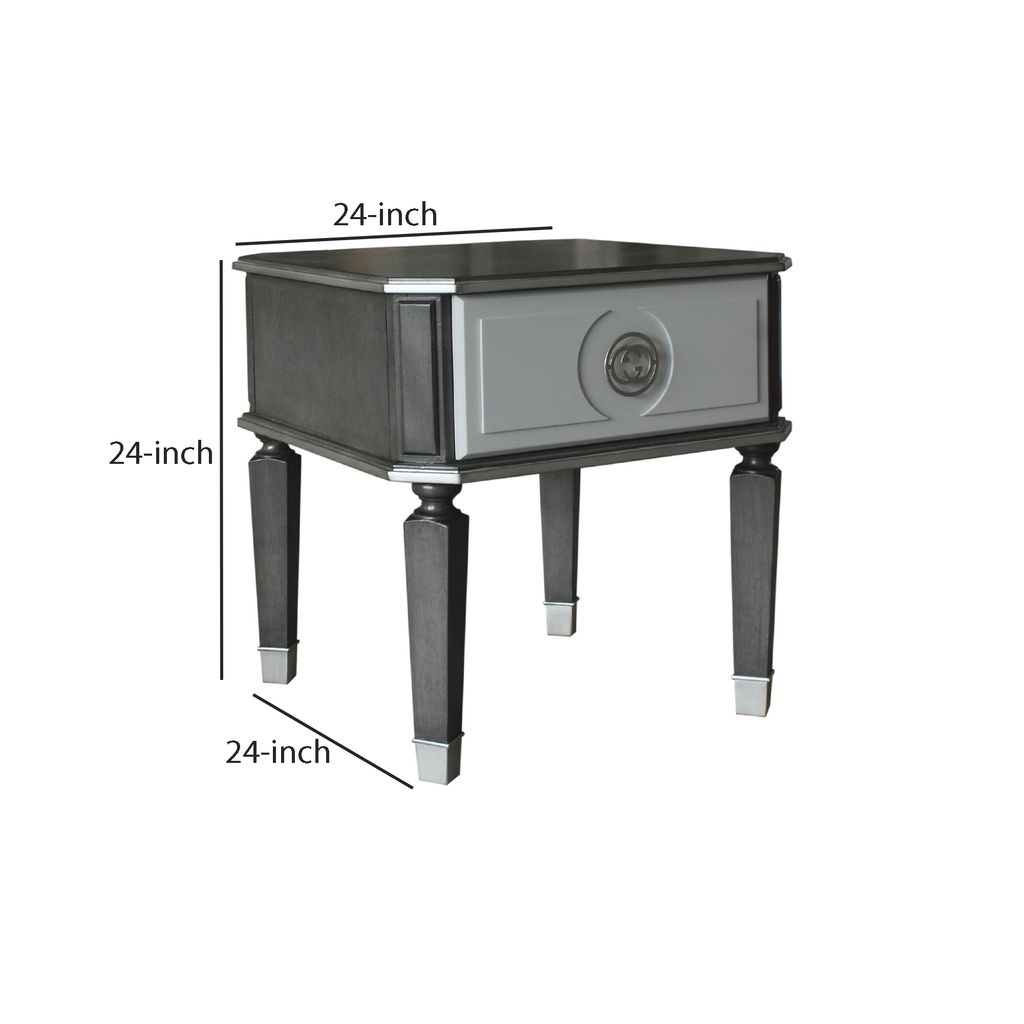 MDF End Table with 1 Drawer and Turned Tapered Legs, Gray and Silver - View 6