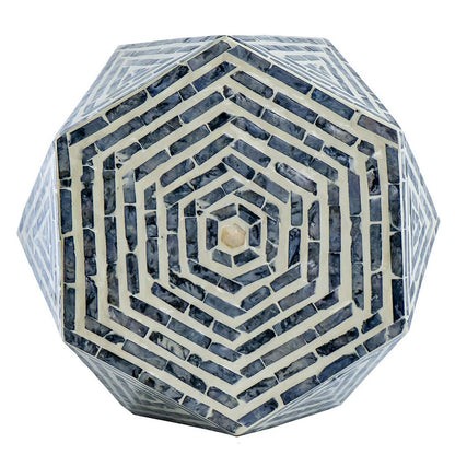 18 Inch Accent Table Stool, Hexagonal Design, Diamond Pattern, Blue, White - View 3