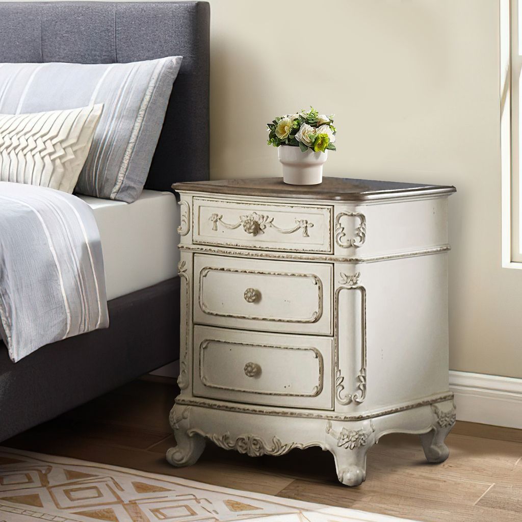 3 Drawer Nightstand with Floral Motif Carving Details, Antique White and Brown - View 6