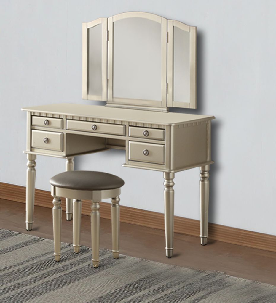 Commodious Vanity Set Featuring Stool And Mirror Silver - View 6