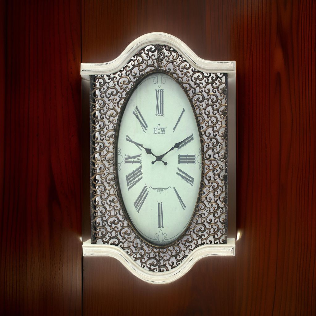 Wall Clock Set of 2 with Scalloped Wooden Top and Bottom, White - View 7