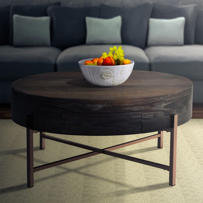 1 Drawer Round Modern Coffee Table with Crossed Metal Legs, Brown and Gold - View 6