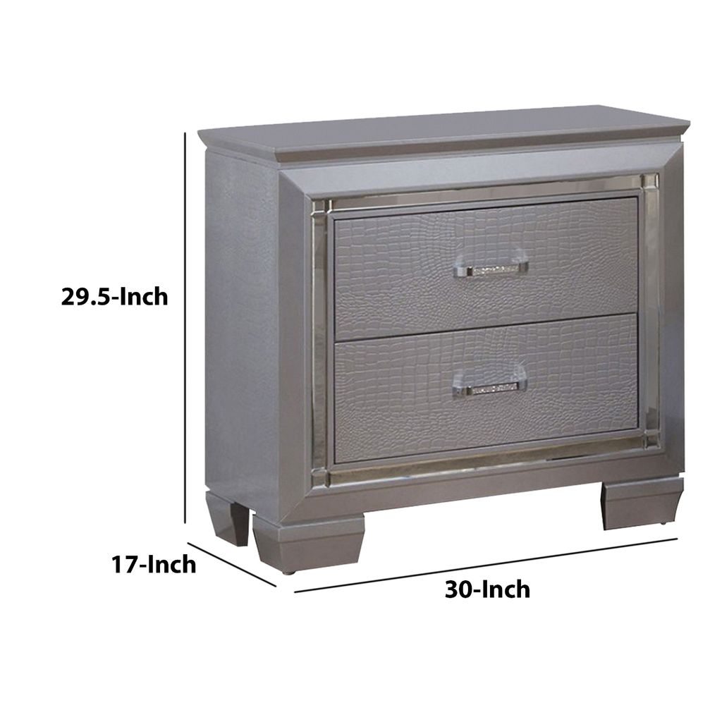 2 Drawer Wooden Nightstand with Embossed Textured Details, Gray - View 6