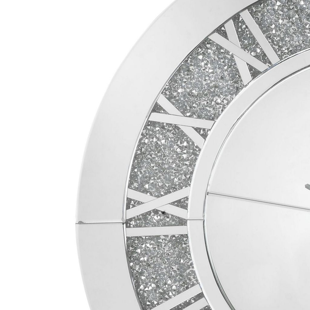 Round Beveled Mirror Frame Wall Clock with Faux diamond Inlay, Silver - View 3