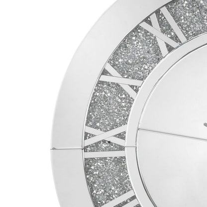 Round Beveled Mirror Frame Wall Clock with Faux diamond Inlay, Silver - View 3