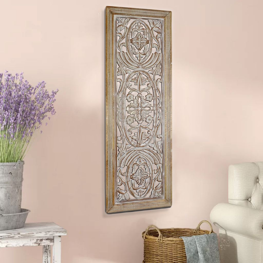 Rectangular Mango Wood Wall Panel Hand Crafted With Intricate Carving, White and Brown - View 7