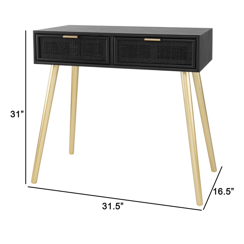 Pia 32 Inch Wood Console Table, 2 Drawers, Woven Rattan Design, Black, Gold - View 5