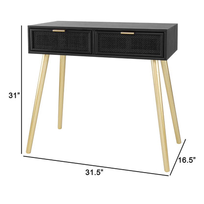 Pia 32 Inch Wood Console Table, 2 Drawers, Woven Rattan Design, Black, Gold - View 5