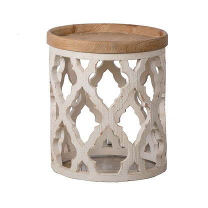 23 Inch Side Table, Vintage Wood Cutout Design, Round Top, Brown, Cream - View 2