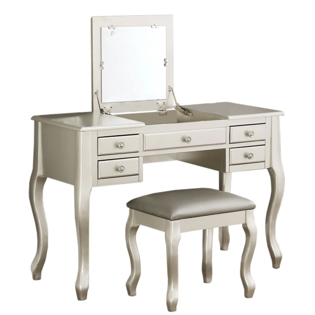 Cherub Vanity Set Featuring Stool And Mirror Silver