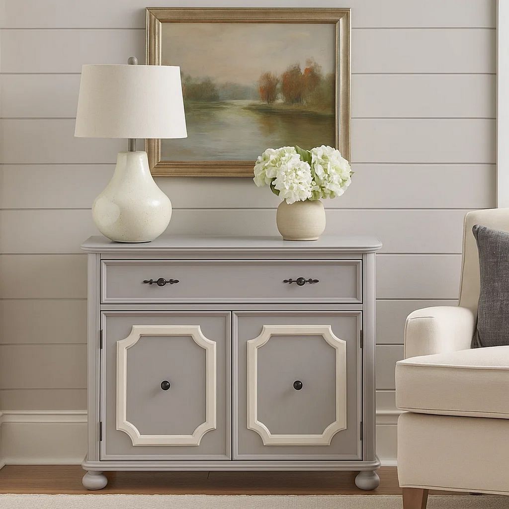 MDF Cabinet with Double Door Storage and Bun Feet, White - View 7