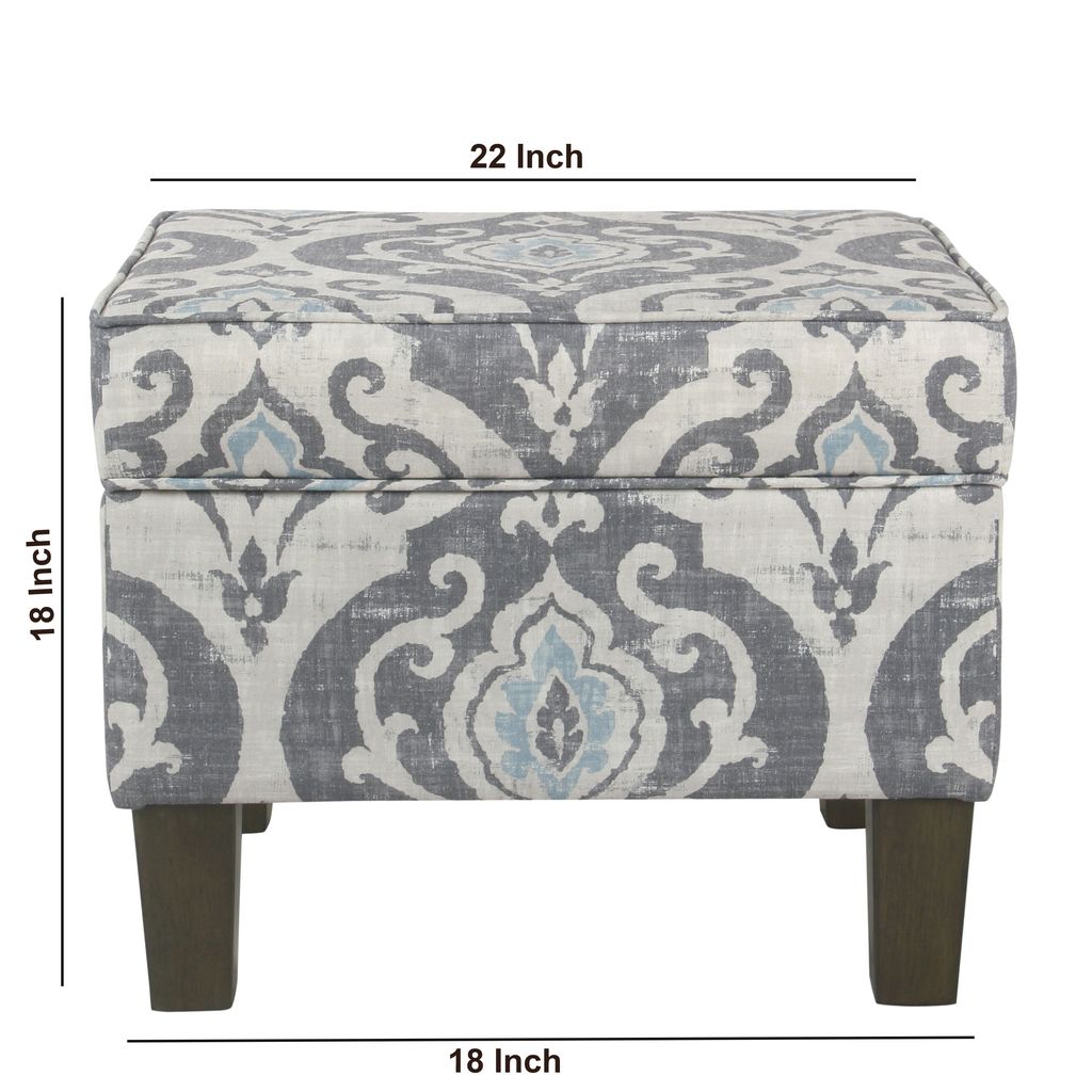 Wooden Ottoman with Patterned Fabric Upholstery and Hidden Storage, Gray and Blue - View 6