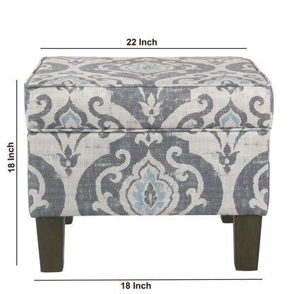 Wooden Ottoman with Patterned Fabric Upholstery and Hidden Storage, Gray and Blue - View 6
