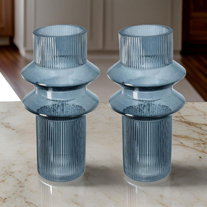 Rae Set of 2 Glass Vases, Tall Round Cylinders, Smokey Blue, Clear Finish - View 7