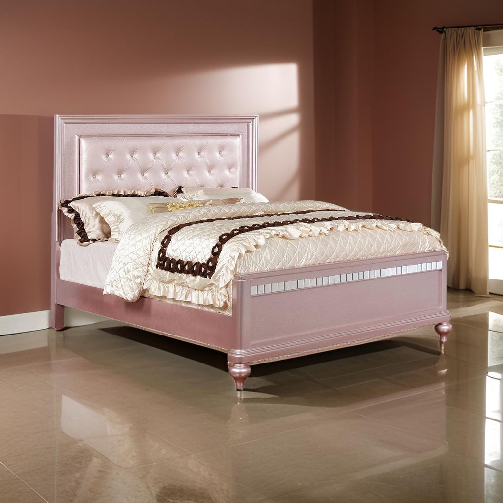 Contemporary Queen Size Wooden Bed With Mirror Trim Details, Pink - View 7