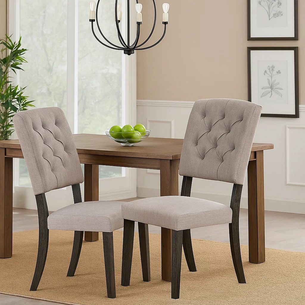 Wooden Side chair with Tufted Back, Set of 2, Brown and Gray - View 7