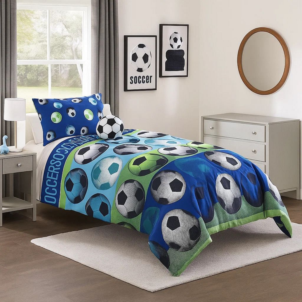 4 Piece Full Size Comforter Set with Soccer Theme, Multicolor - View 7