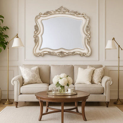 50 Inch Solid Wood Mirror, Scalloped, Scroll Ornate Trim, Antique White - View 7