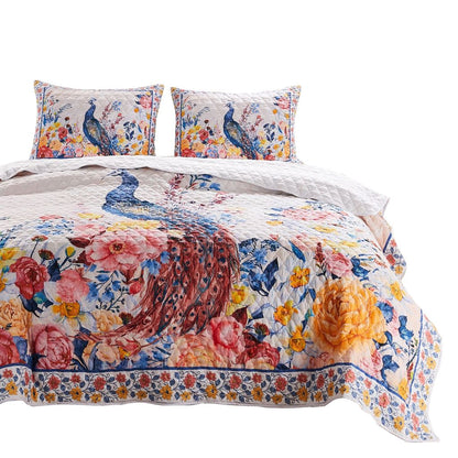Tess Microfiber 3 Piece Full Quilt Set, Peacock, Floral Print, Multicolor