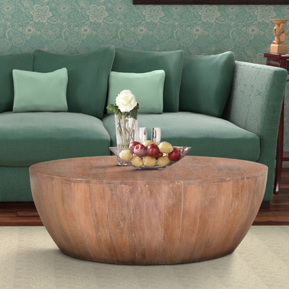 Arthur Drum Shape Wooden 35.5 Inch Coffee Table with Plank Design Base, Distressed Brown - View 5