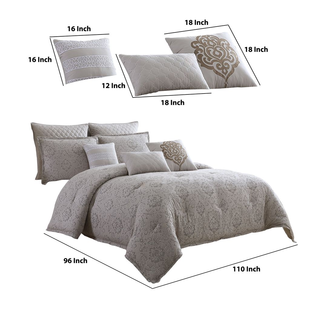 10 Piece King Cotton Comforter Set with Textured Floral Print, Gray - View 6