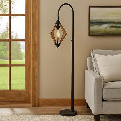 Tubular Metal Downbridge Floor Lamp with Wooden Accents, Black - View 7